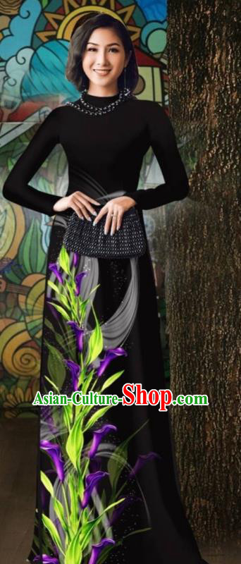 Vietnamese Traditional Ao Dai Dress Vietnam Stage Show Costume Oriental Classical Qipao with Loose Pants Outfits Black Cheongsam