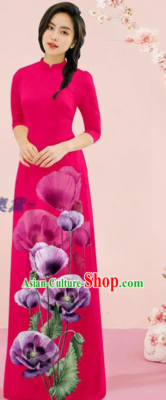 Oriental Rosy Cheongsam Vietnamese Fashion Outfits Classical Qipao with Loose Pants Traditional Ao Dai Dress Vietnam Stage Show Costume