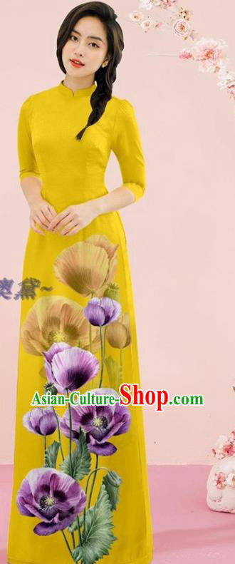 Vietnam Costume Yellow Ao Dai Dress Classical Qipao with Loose Pants Outfits Traditional Oriental Cheongsam Vietnamese Fashion