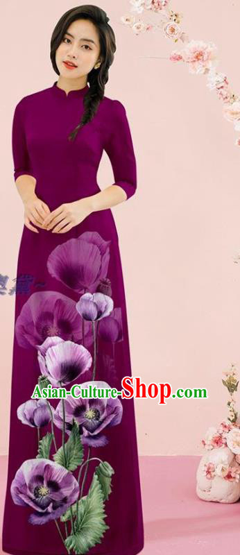 Vietnamese Purple Ao Dai Dress Classical Qipao with Loose Pants Outfits Traditional Vietnam Fashion Oriental Cheongsam