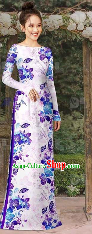 Vietnam Traditional Fashion Oriental Cheongsam Vietnamese Purple Ao Dai Dress Classical Qipao with Loose Pants Set