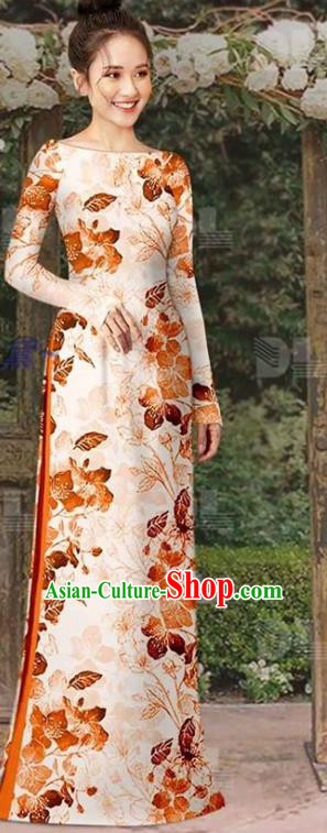 Vietnamese Classical Orange Qipao Dress with Loose Pant Traditional Oriental Fashions Vietnam Cheongsam Ao Dai Clothing