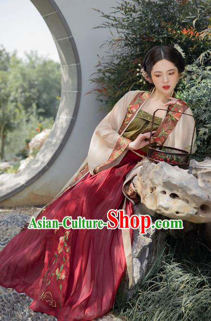 Chinese Ancient Costumes Traditional Hanfu Dress Song Dynasty Noble Mistress Embroidered BeiZi Top and Skirt Full Set