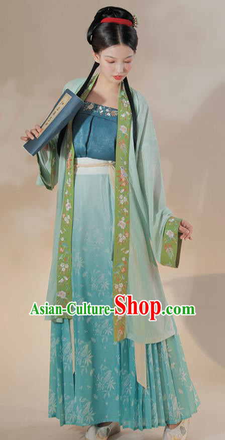 Chinese Traditional Hanfu Dress Ancient Costumes Song Dynasty Young Lady Embroidered BeiZi Top and Blue Skirt for Female