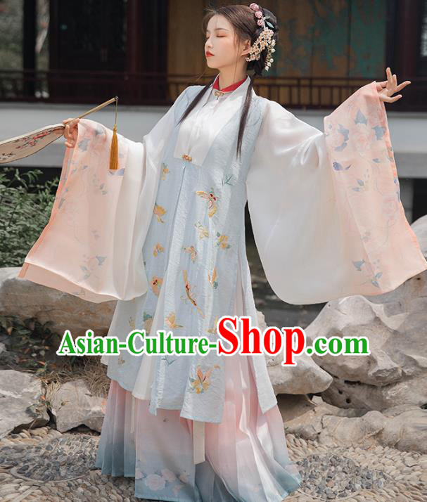 Chinese Ancient Costumes Traditional Ming Dynasty Rich Female Embroidered Vest Long Gown and Skirt Complete Set