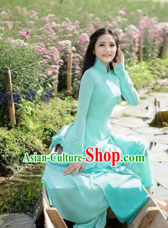 Asian Chinese Light Blue Qipao Vietnamese Women Costumes Custom Vietnam Classical Cheongsam with Pants Traditional Ao Dai Dress Clothing