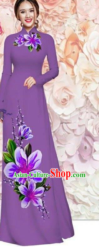 Custom Violet Qipao Vietnam Classical Cheongsam with Pants Traditional Ao Dai Dress Asian Vietnamese Women Clothing