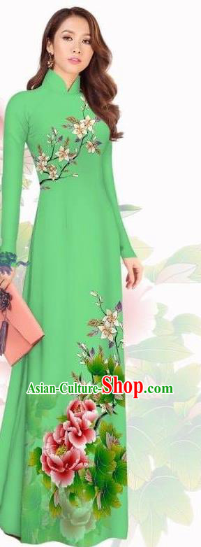 Vietnam Green Cheongsam Traditional Asian Vietnamese Ao Dai Dress Custom Qipao with Pants Women Costumes