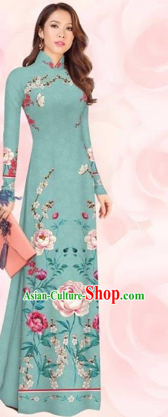 Custom Vietnam Dress Women Green Qipao with Pants Asian Vietnamese Traditional Cheongsam Ao Dai Costumes Two Pieces Set