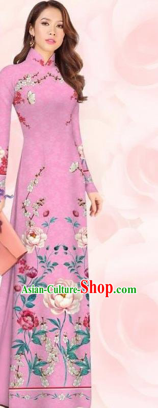 Custom Costumes Vietnam Bride Dress Women Qipao with Pants Asian Vietnamese Ao Dai Two Pieces Set Traditional Pink Cheongsam