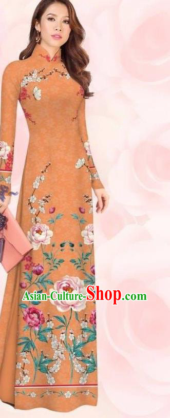 Fashion Vietnam Bride Dress Women Qipao with Pants Asian Vietnamese Ao Dai Clothing Traditional Custom Orange Cheongsam