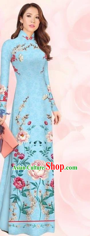 Vietnam Fashion Bride Light Blue Dress Asian Vietnamese Ao Dai Clothing Traditional Custom Cheongsam Women Qipao with Pants