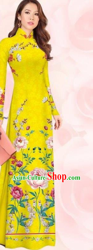 Asian Vietnamese Bride Yellow Dress Ao Dai Clothing Traditional Custom Cheongsam Women Qipao with Pants Vietnam Fashion