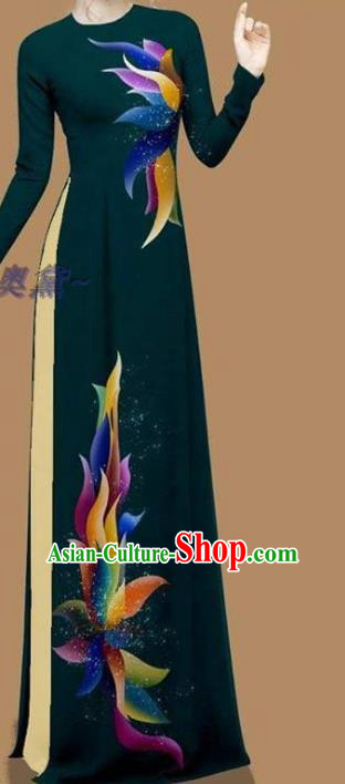 Vietnamese Bride Atrovirens Dress Vietnam Women Qipao with Pants Asian Ao Dai Clothing Traditional Custom Cheongsam