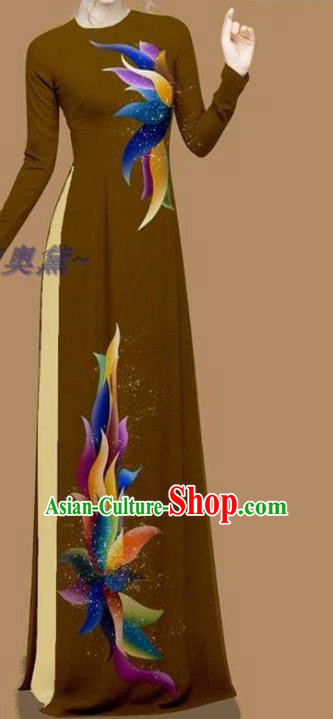 Asian Vietnamese Fashion Vietnam Women Qipao with Pants Traditional Custom Ao Dai Cheongsam Bride Khaki Dress Clothing