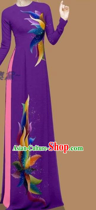 Custom Purple Ao Dai Cheongsam Asian Vietnamese Fashion Vietnam Women Qipao Dress with Pants Traditional Clothing