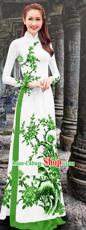 Custom Cheongsam Fashion Qipao Dress with Light Green Pants Asian Vietnam Women Clothing Traditional Vietnamese Ao Dai Two Piece Set