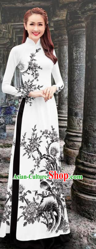 Traditional Vietnamese Ao Dai Qipao Dress with Black Loose Pants Two Piece Set