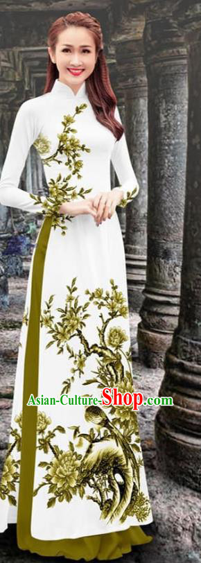 Khaki Vietnam Fashion Two Piece Set Traditional Vietnamese Ao Dai Qipao Dress with Loose Pants