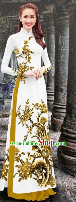 Vietnam Traditional Costume Vietnamese Ao Dai Qipao Dress with Ginger Loose Pants