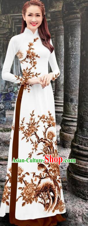 Vietnamese Traditional Ao Dai Cheongsam Costume Vietnam Printing Maroon Flower Bird Qipao Dress with Loose Pants