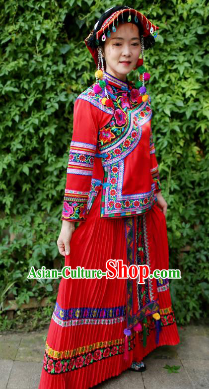 Embroidered Uniforms China Guizhou Puyi Ethnic Women Red Blouse and Long Skirt Traditional Bouyei Nationality Folk Dance Clothing with Hat