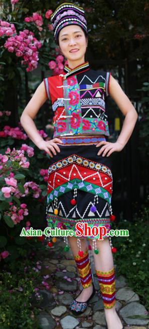 China Ethnic Traditional Embroidered Uniforms Yunnan Jingpo Nationality Black Blouse and Short Skirt with Headwear