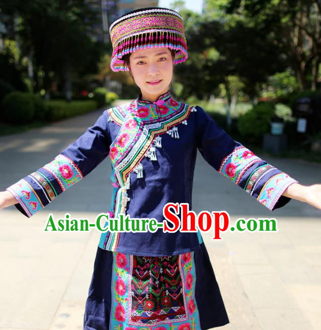 China Mojiang Hani Nationality Embroidered Navy Blouse and Short Skirt Traditional Ethnic Uniforms with Headpiece