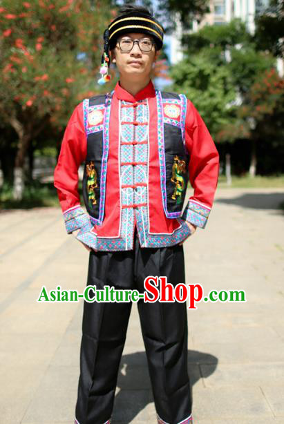 Chinese Miao Nationality Uniforms Quality Embroidered Black Vest Red Shirt and Pants for Men