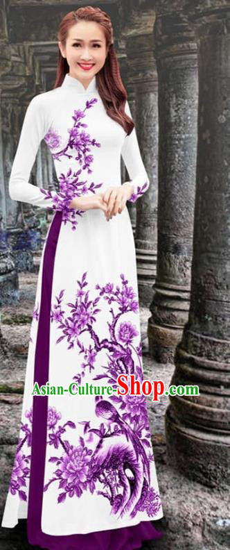 Deep Purple Vietnam Cheongsam with Loose Pants Asian Traditional Vietnamese Aodai Clothing