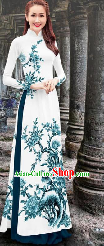 Asian Qipao Dress Traditional Vietnamese Aodai Clothing Vietnam Cheongsam with Teal Loose Pants