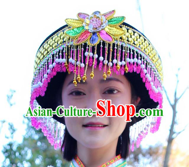 Best Chinese Tujia Nationality Round Hat Top Quality China Ethnic Women Beads Tassel Headwear