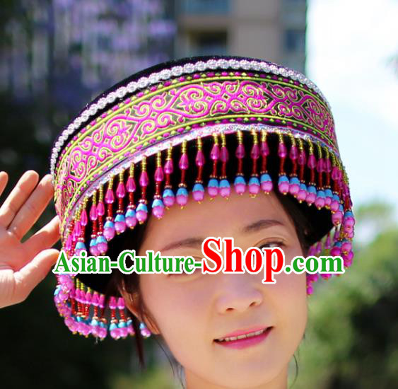 Top Quality China Ethnic Women Rosy Beads Tassel Headwear Chinese Tujia Nationality Round Hat