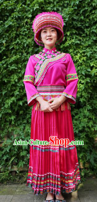 Traditional Ethnic Women Rosy Uniforms Embroidered Waistband China Yunnan Lisu Nationality Blouse and Long Skirt with Headwear