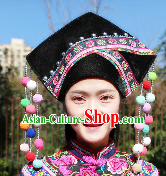 Top Quality China Ethnic Women Headwear Chinese Zhuang Nationality Embroidered Black Hat