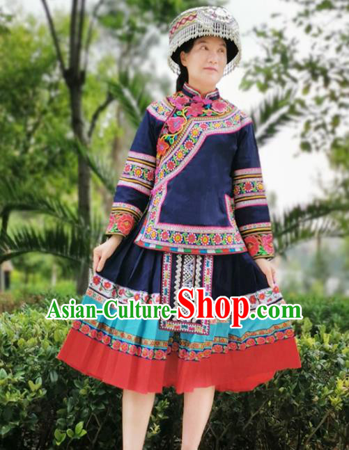 Traditional Bouyei Ethnic Women Uniforms China Guizhou Puyi Nationality Embroidered Navy Blouse and Short Skirt with Round Hat