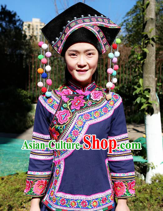 Traditional Zhuang Ethnic Women Uniforms China Guizhou Nationality Embroidered Navy Blouse and Short Skirt with Cloth Hat