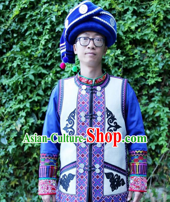 Chinese Bai Nationality White Flax Vest Quality Ethnic Men Costumes Short Waistcoat