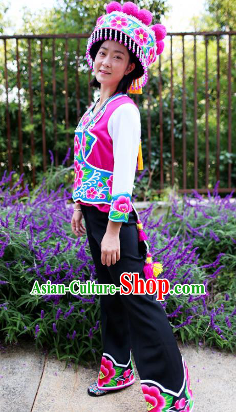 Traditional China Chuxiong Yi Ethnic Women Uniforms Nationality Embroidered Rosy Vest Blouse and Pants with Round Hat