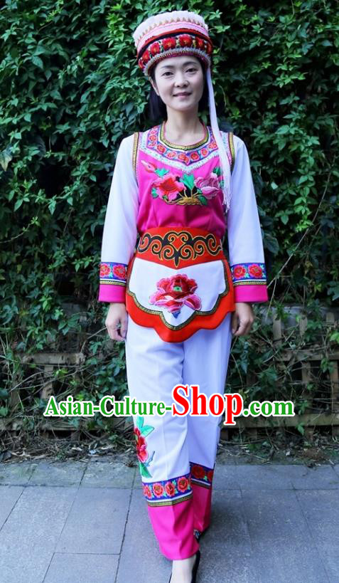 Traditional China Yunnan Bai Ethnic Women Uniforms Nationality Embroidered Vest Blouse and Pants with Headdress