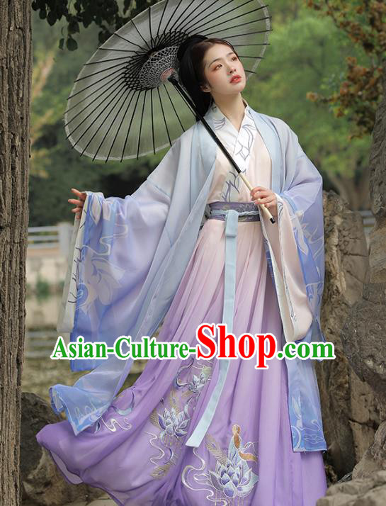 Traditional China Han Dynasty Princess Lilac Cape Blouse and Skirt Ancient Beauty Diao Chan Embroidered Hanfu Dresses