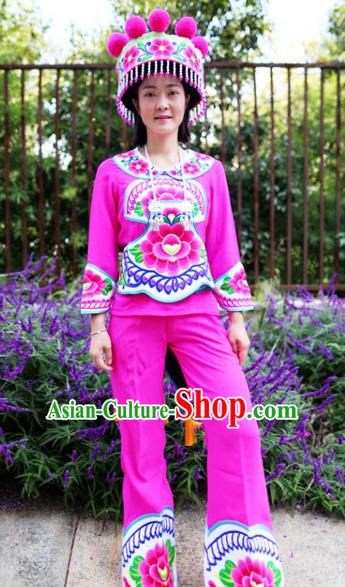China Chuxiong Yi Nationality Female Costumes Chinese Yunnan Yi Ethnic Embroidered Rosy Blouse and Pants with Headwear