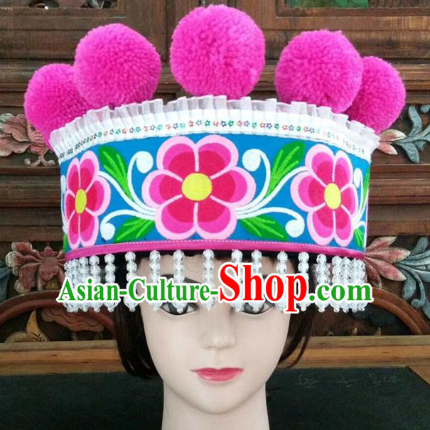 Chinese Traditional Yunnan Yi Nationality Embroidered Hat Ethnic Women White Beads Tassel Headwear