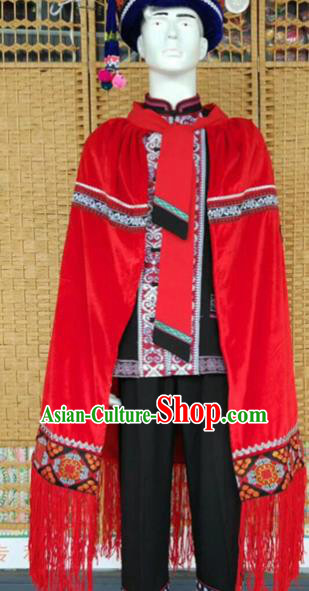 Chinese Ethnic Men Costumes Quality Torch Festival Cloak Yi Nationality Embroidered Eagle Red Cape