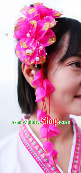 Chinese Traditional Rosy Silk Flowers Hair Stick Ethnic Women Tassel Headwear Yunnan Dai Nationality Bride Headpiece