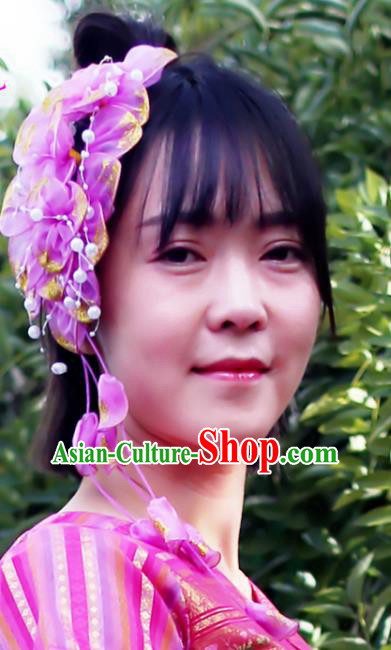 Chinese Traditional Yunnan Ethnic Women Tassel Headpiece Dai Nationality Bride Purple Silk Flowers Hair Stick