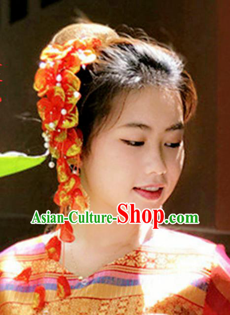 Chinese Traditional Ethnic Hair Accessories Dai Nationality Bride Red Silk Flowers Hair Claw Yunnan Women Tassel Headpiece