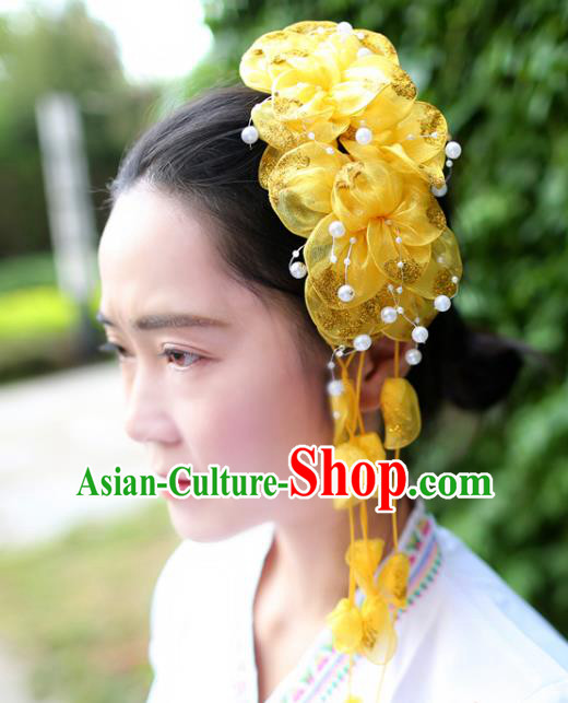 Women Yellow Silk Flowers Hair Claw Yunnan Dai Nationality Bride Headpiece Chinese Traditional Ethnic Hair Accessories