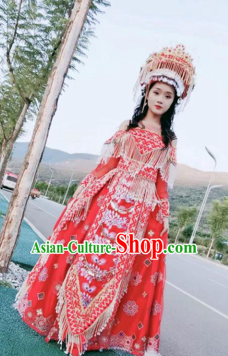 China Traditional Miao Nationality Embroidered Outfits Women Red Dress Ethnic Photography Clothing and Headwear