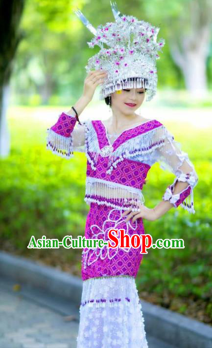 Top Quality Miao Ethnic Women Dress China Miao Nationality Clothes Embroidered Top and Skirt and Silver Hat